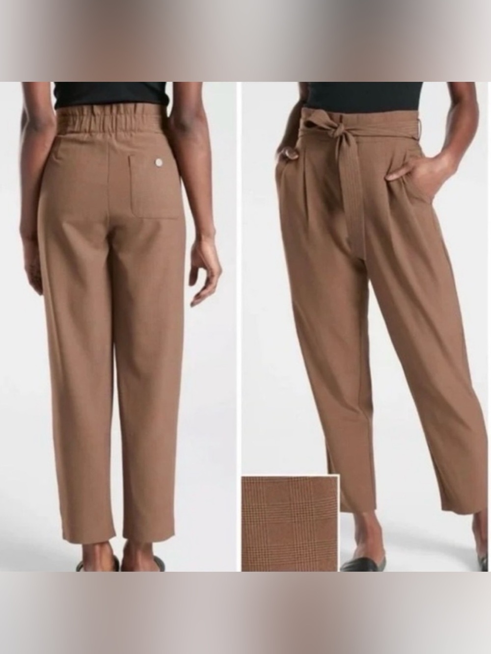 ATHLETA Skyline Airy Tie Waist Brown Plaid Pants II Size 2